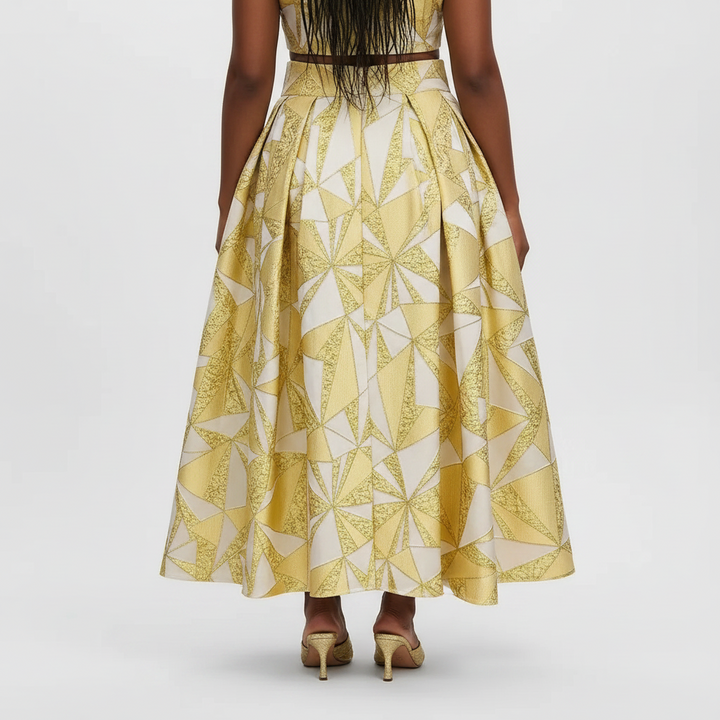 Gold & White Geometric High‑Waist Maxi Skirt with Front Bow