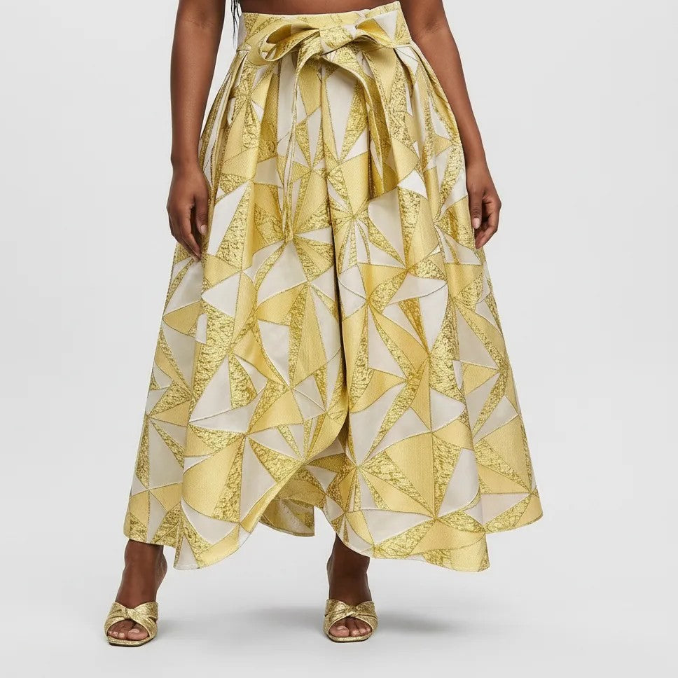 Gold & White Geometric High‑Waist Maxi Skirt with Front Bow