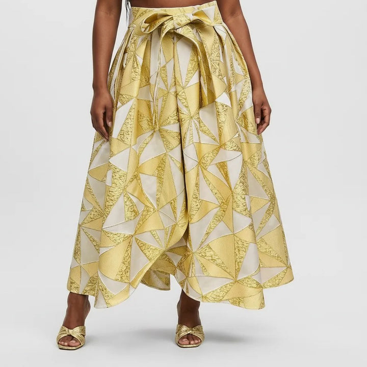Gold & White Geometric High‑Waist Maxi Skirt with Front Bow