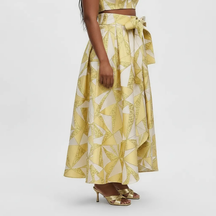 Gold & White Geometric High‑Waist Maxi Skirt with Front Bow