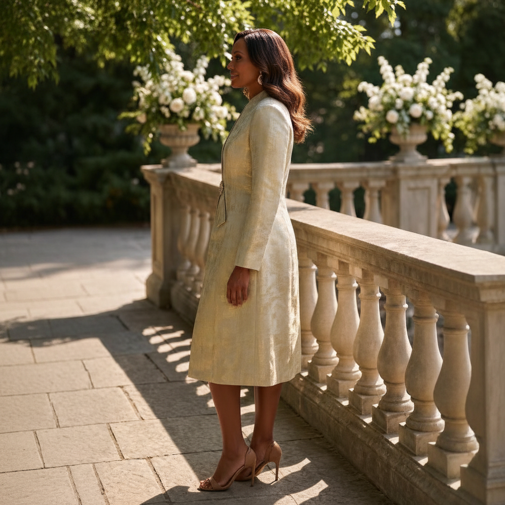 Gold Metallic Dress & Long Jacket Set for Mother of the Bride/Groom
