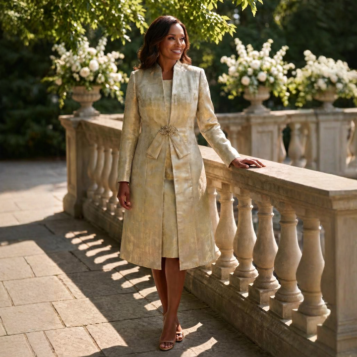 Gold Metallic Dress & Long Jacket Set for Mother of the Bride/Groom