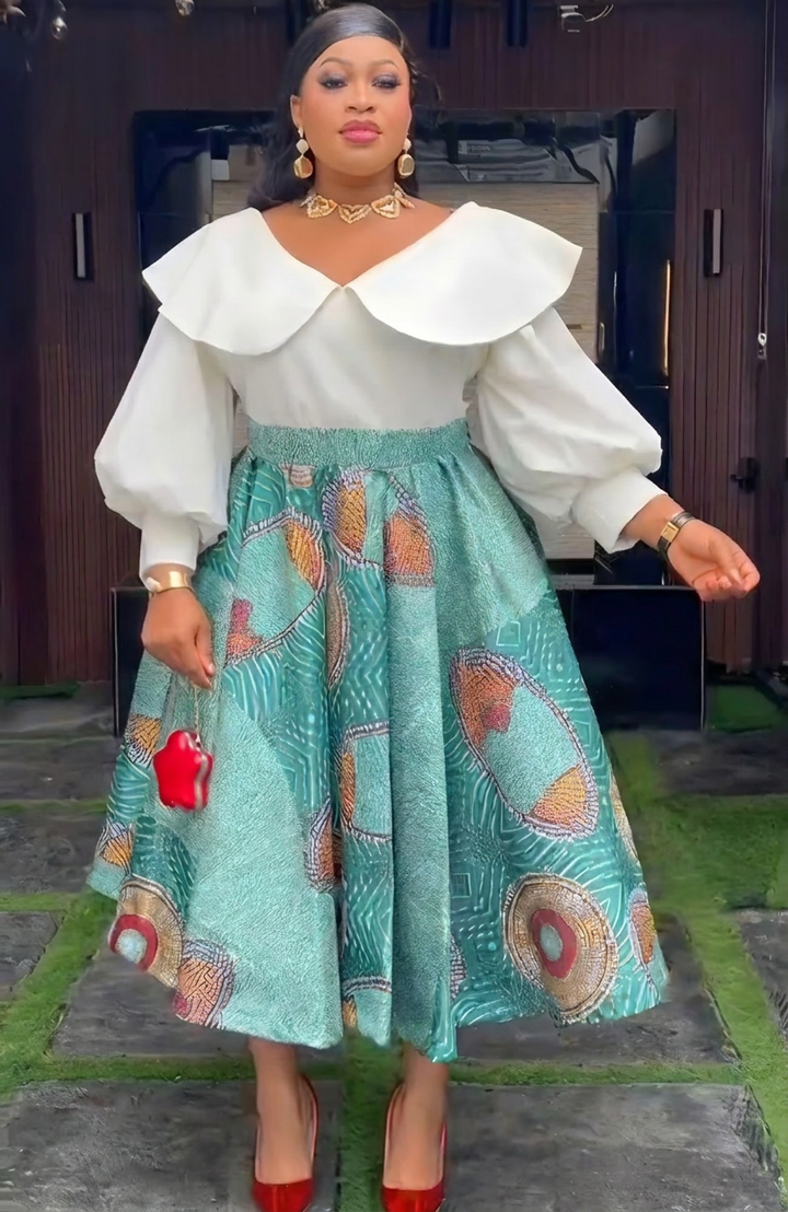 White Ruffle Collar Dress with Teal Patterned Maxi Skirt Design
