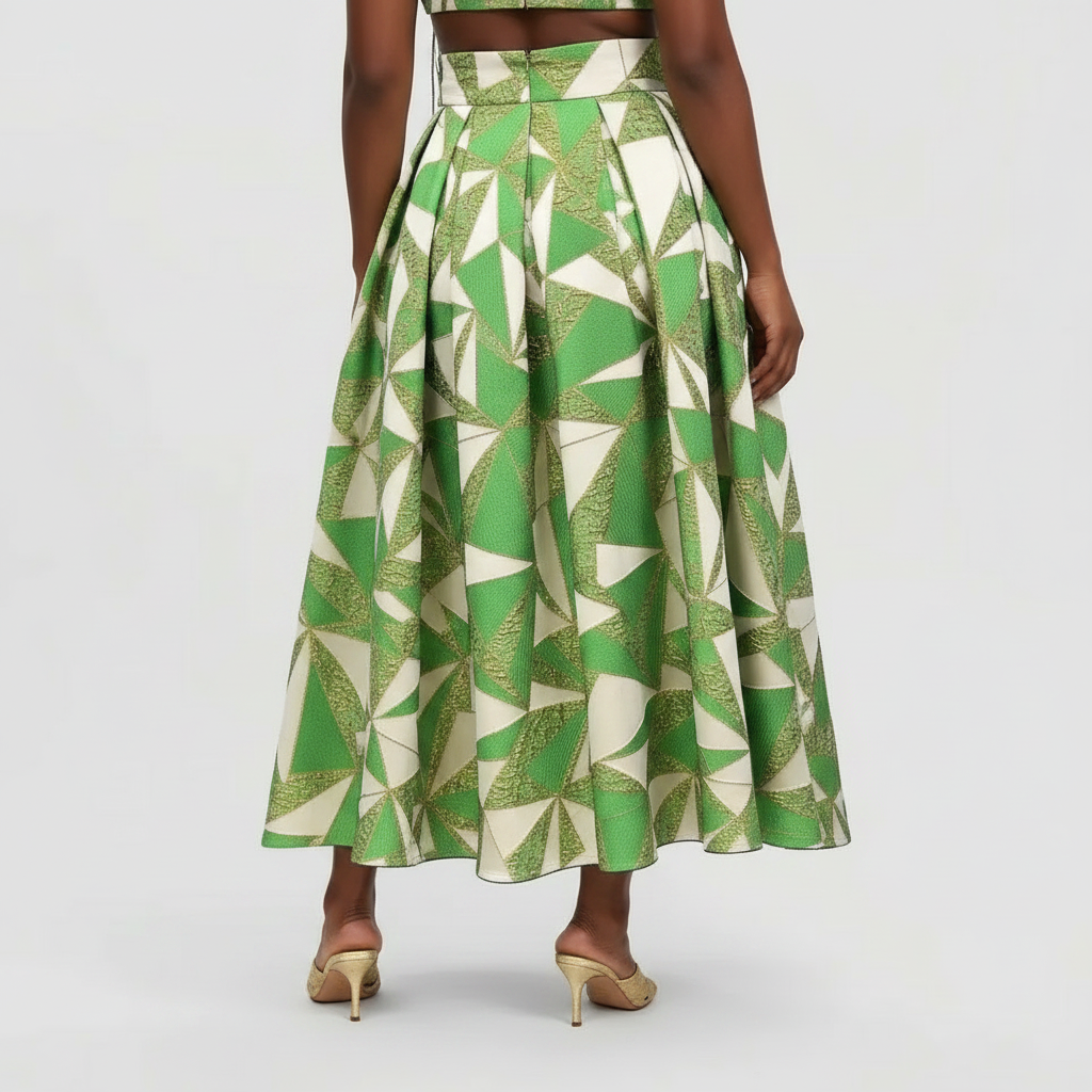 Green & Gold Occasion Maxi Skirt with Statement Bow Waist