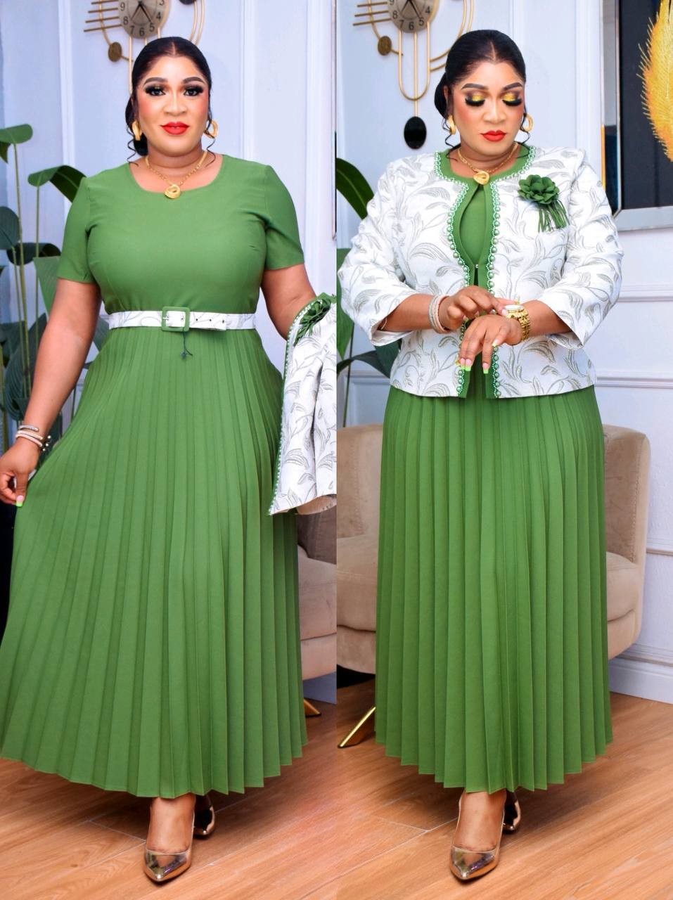 Green Pleated Maxi Dress & Jacquard Jacket