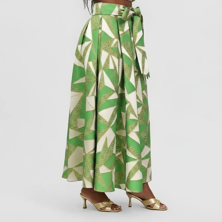 Green & Gold Occasion Maxi Skirt with Statement Bow Waist