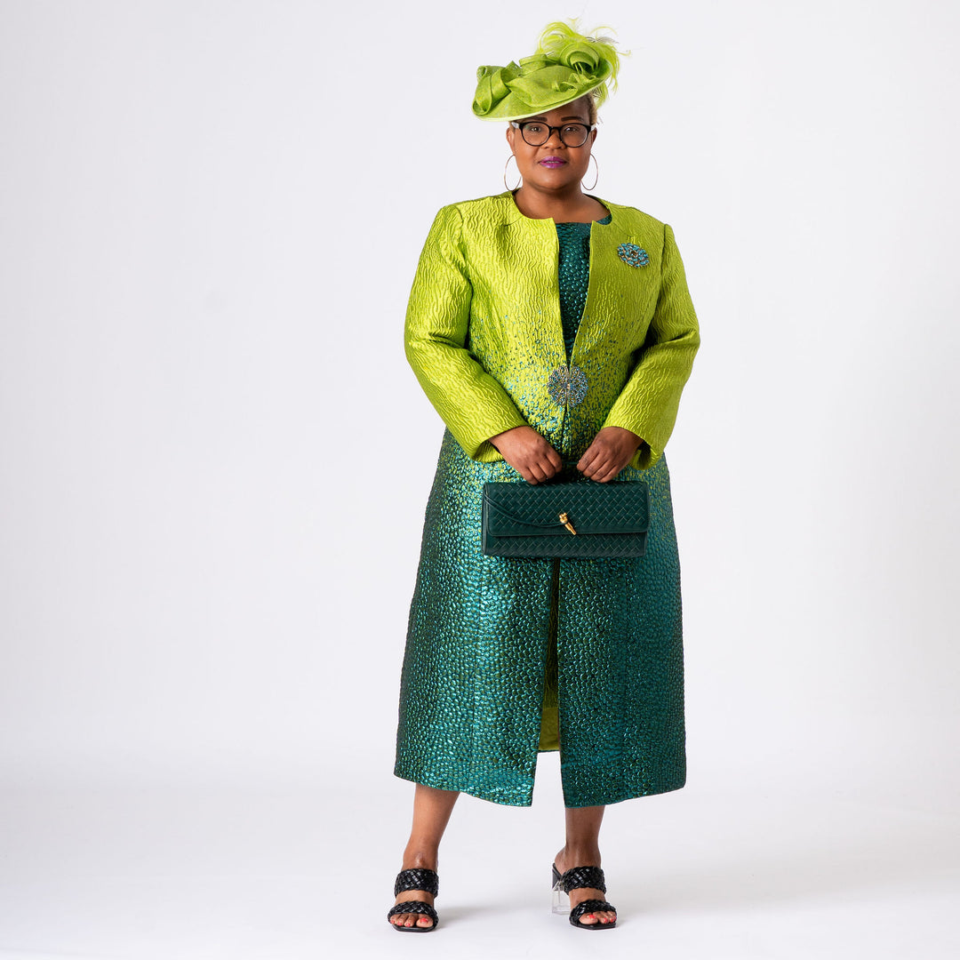 Green Two‑Tone Mother‑of‑the‑Bride Dress & Long Jacket Set