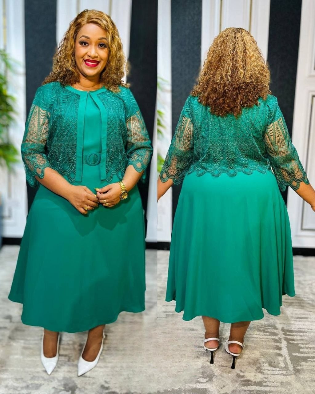 Green Midi Dress with Flared Skirt & Lace Sleeve Jacket