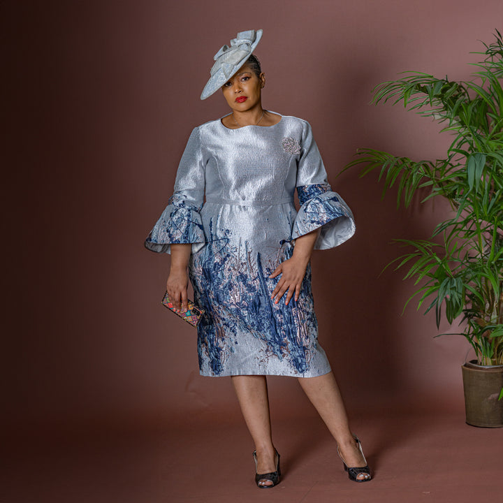 Grey Sheath Dress with Blue Floral Print
