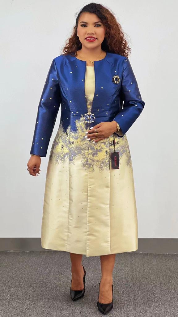 Elegant Navy and Gold Dress with Long Jacket Set for Weddings