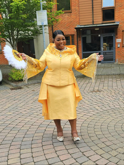 Yellow Gold Skirt Suit With Dangling Sleeves