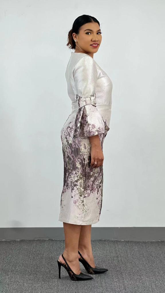 Cloud Grey Sheath Dress with Floral Bell Sleeves