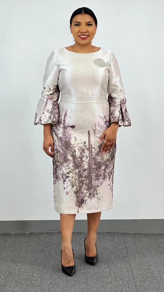 Cloud Grey Sheath Dress with Floral Bell Sleeves