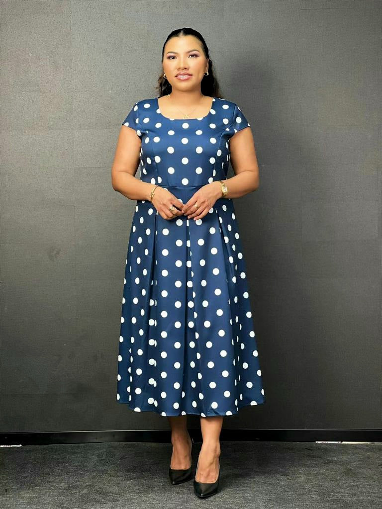 Elegant Navy Polka Dot Dress and Navy Jacket