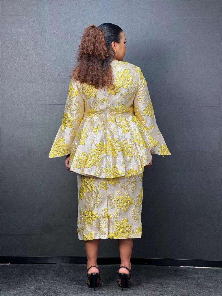 Yellow Brocade Mother of the Bride Dress with Peplum