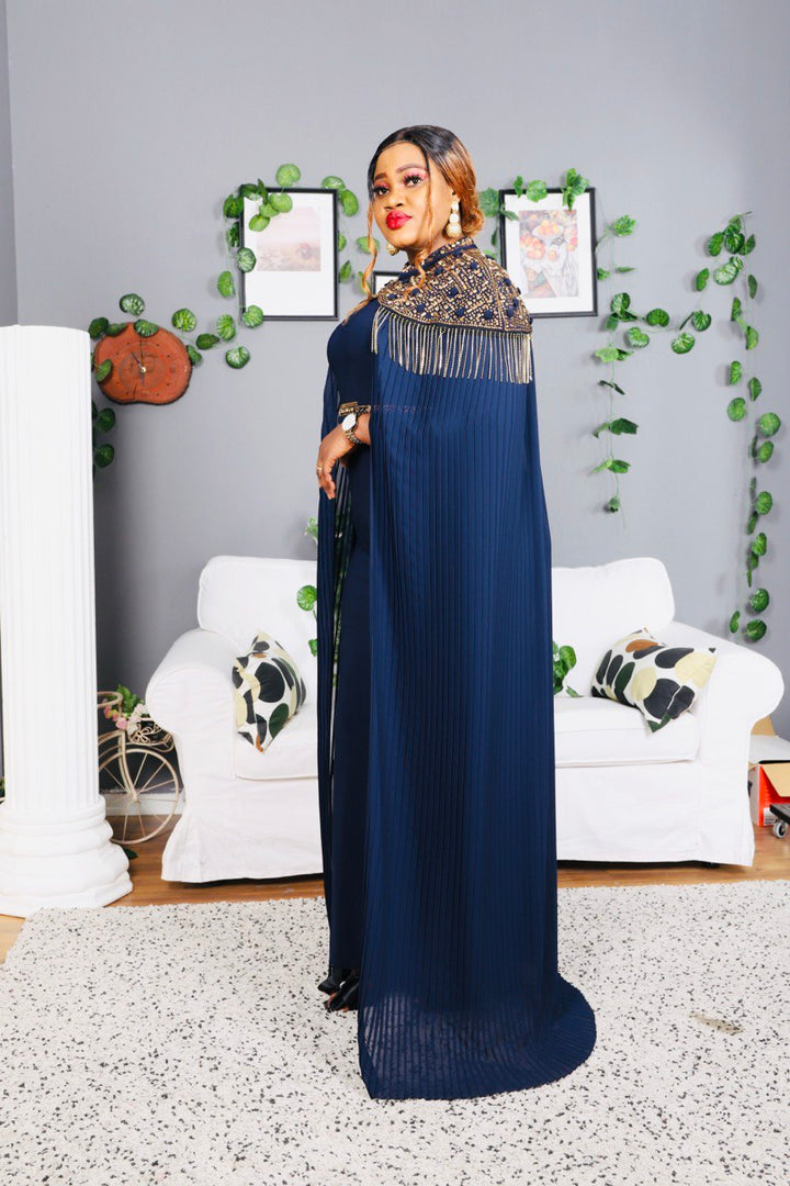 Navy Long Sleeve Maxi with Cape & Gold Embellishments