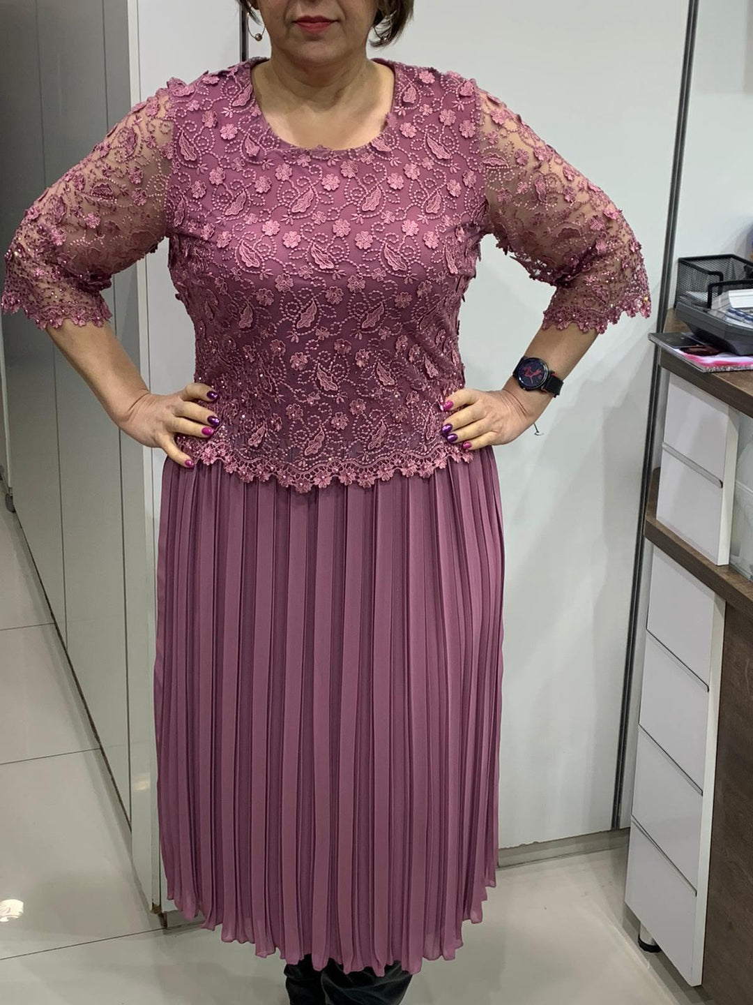 Pink Pleated Midi Dress with Lace & 3/4 Sleeves