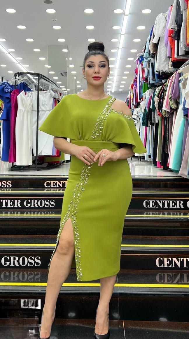 Lime Green Embellished One-Shoulder Scuba Midi Dress