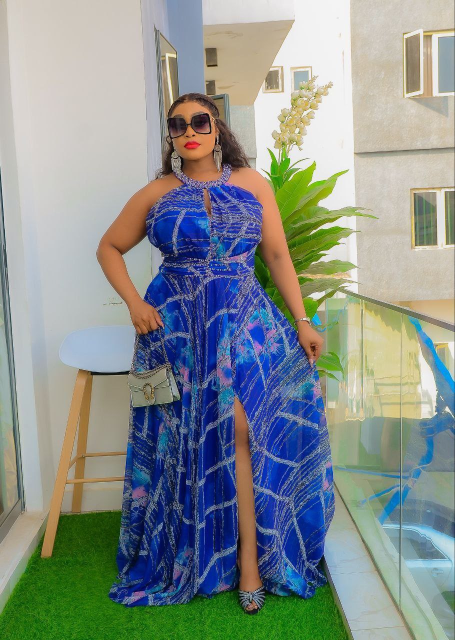 Blue Floral Halter Neck Pleated Maxi Dress w/Embellished Details
