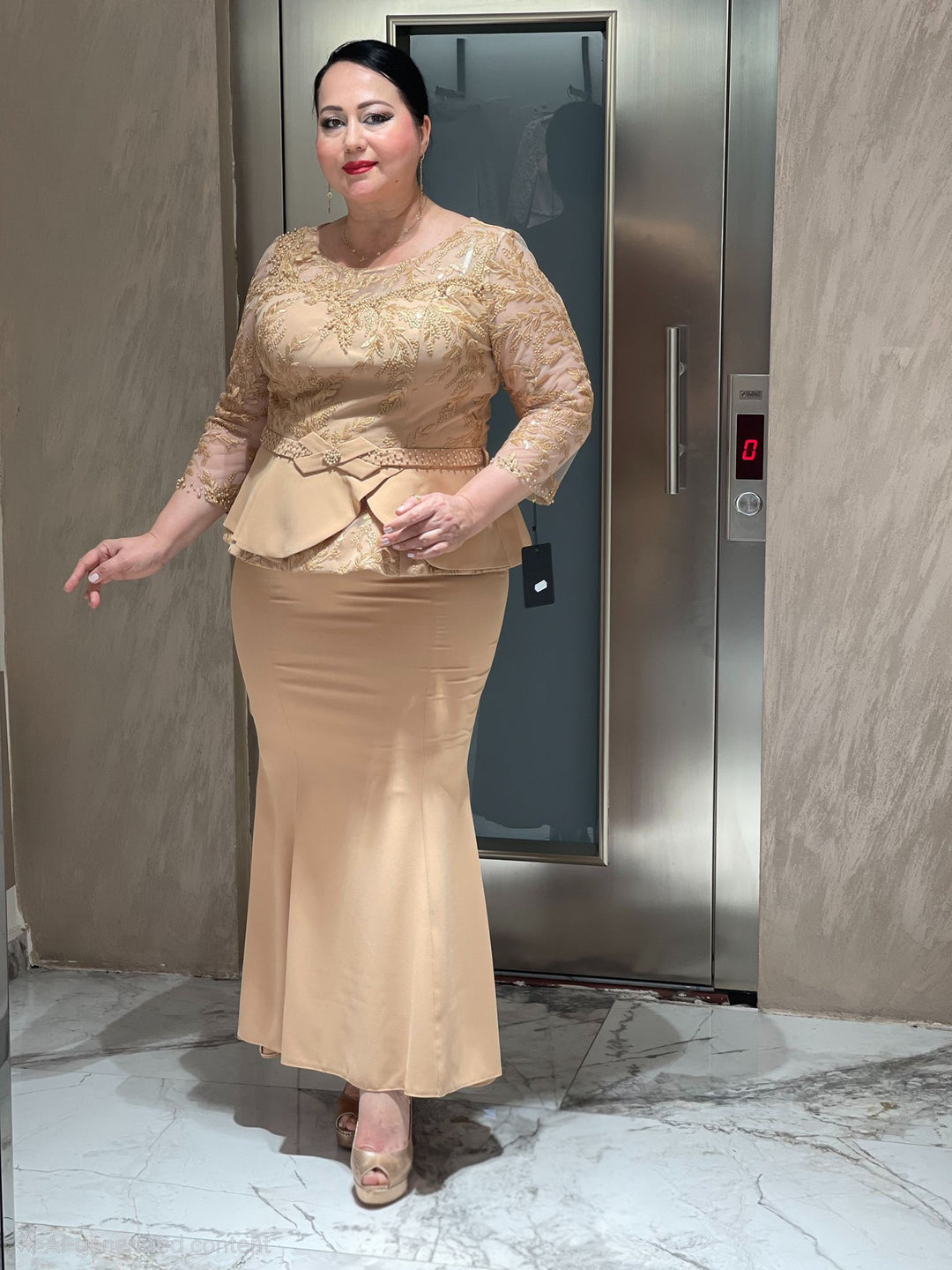 Gold Embroidered Blouse & Flared Skirt Set