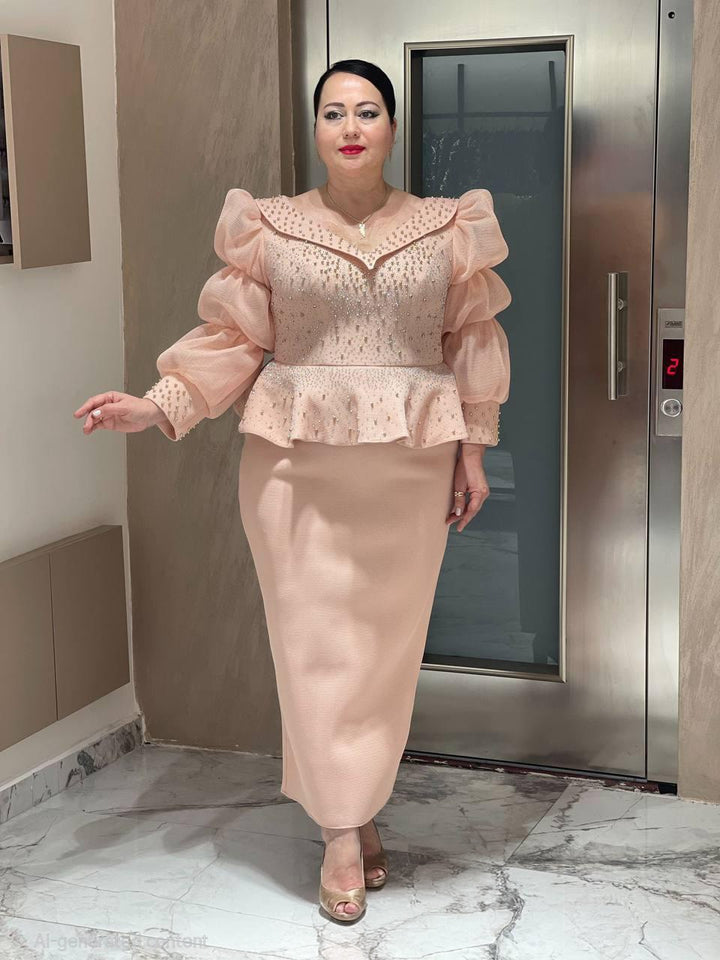 Peach Soft Ruffled Sleeve Blouse & Skirt Set