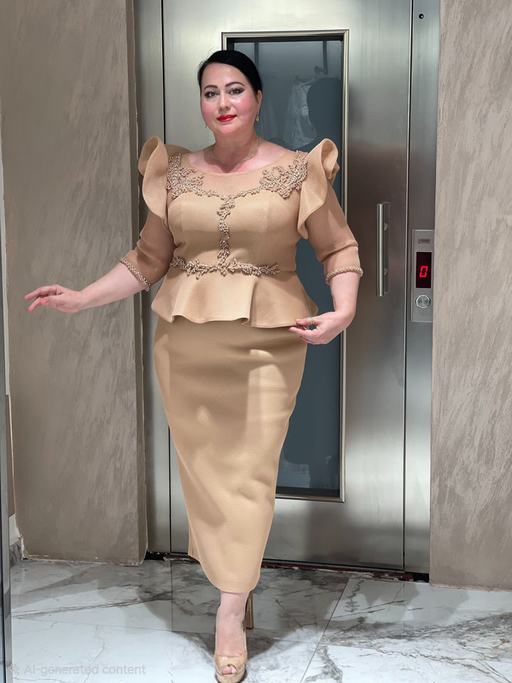 Gold Embellished Blouse & Straight Skirt Set W/Puffy Shoulders