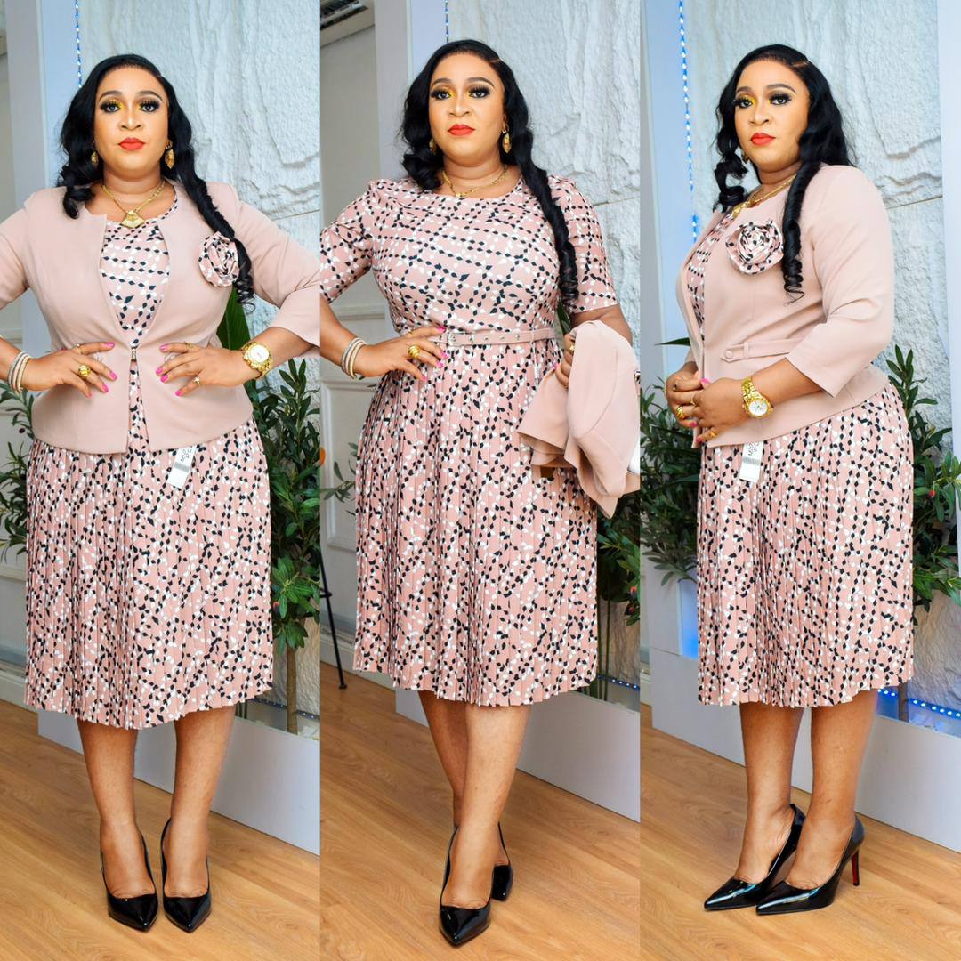 Nude Geometric Pleated Dress & Blazer Set