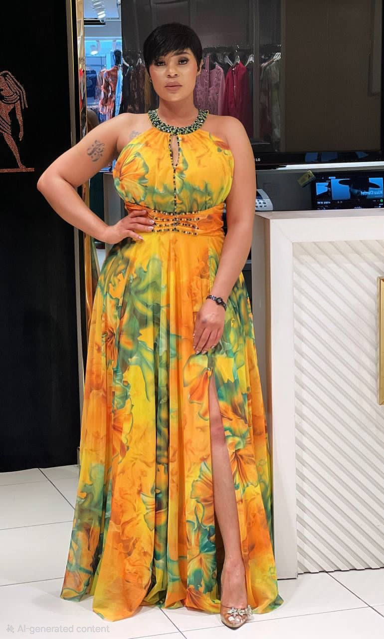 Yellow & Green Beaded Floral Maxi Dress w/Diamante Details