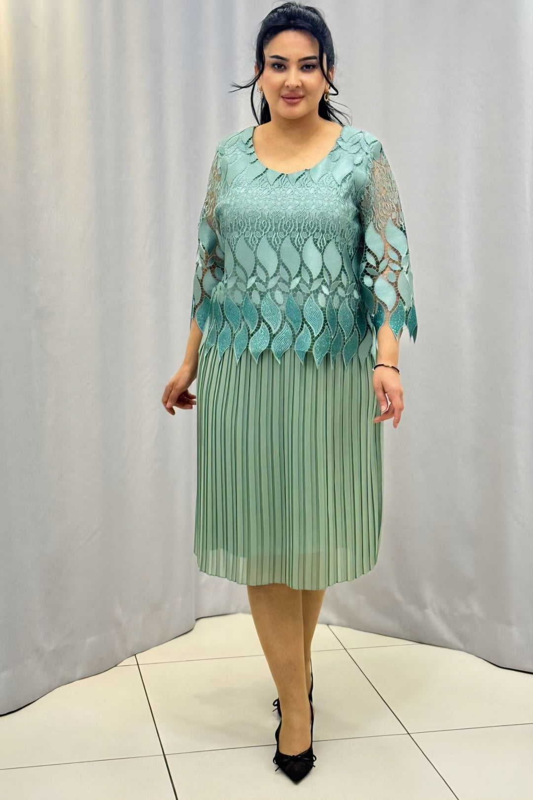 Mint Green Lace Pleated Midi Dress