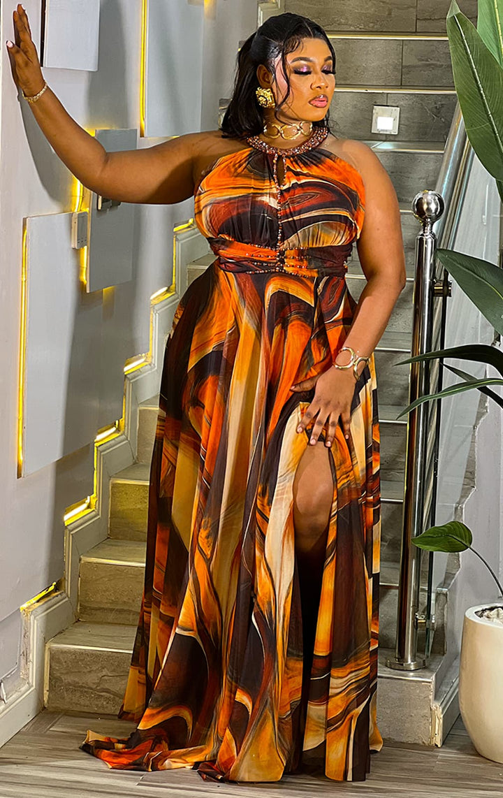 Orange Abstract Beaded Maxi Dress w/Diamante Details