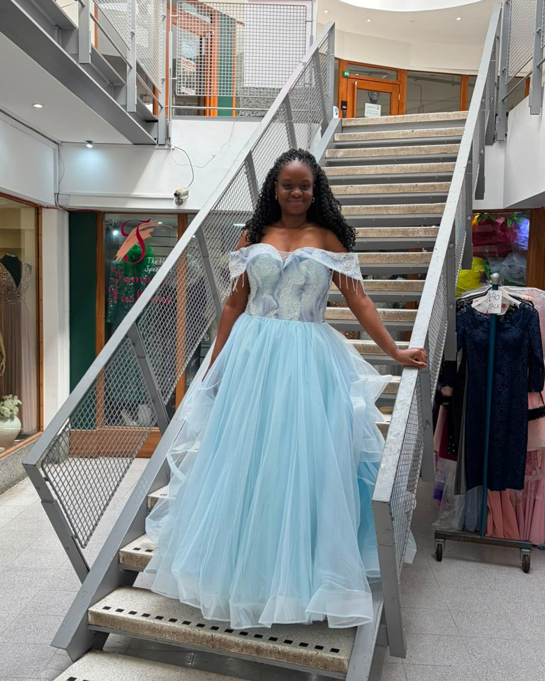 Light Blue Off‑Shoulder Lace &amp; Tulle Ball Gown