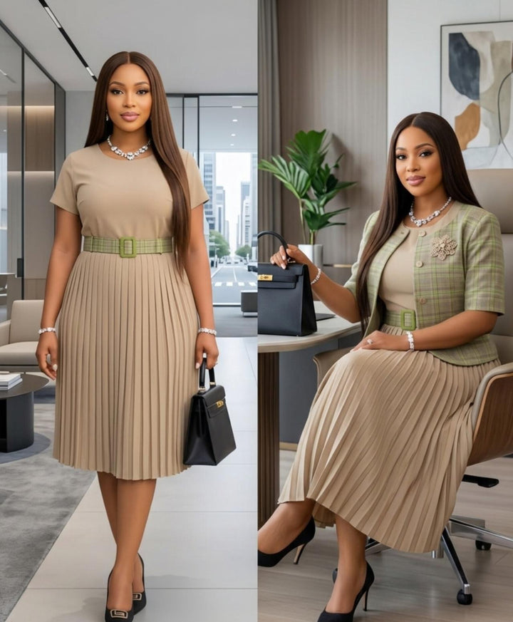 Beige Pleated Midi Dress & Green Plaid Jacket