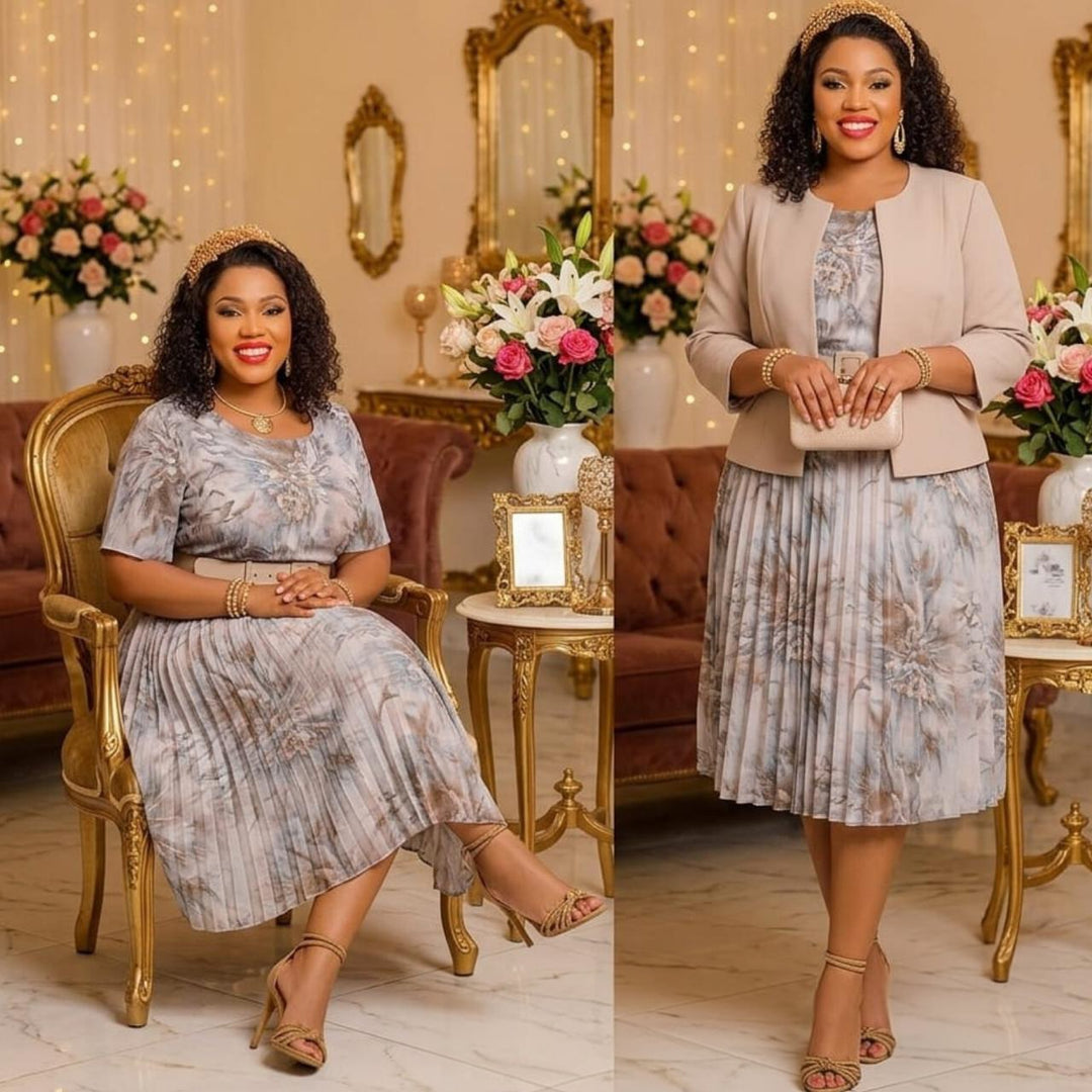 Floral Pleated Midi Dress & Beige Jacket Set for Traditional Mothers