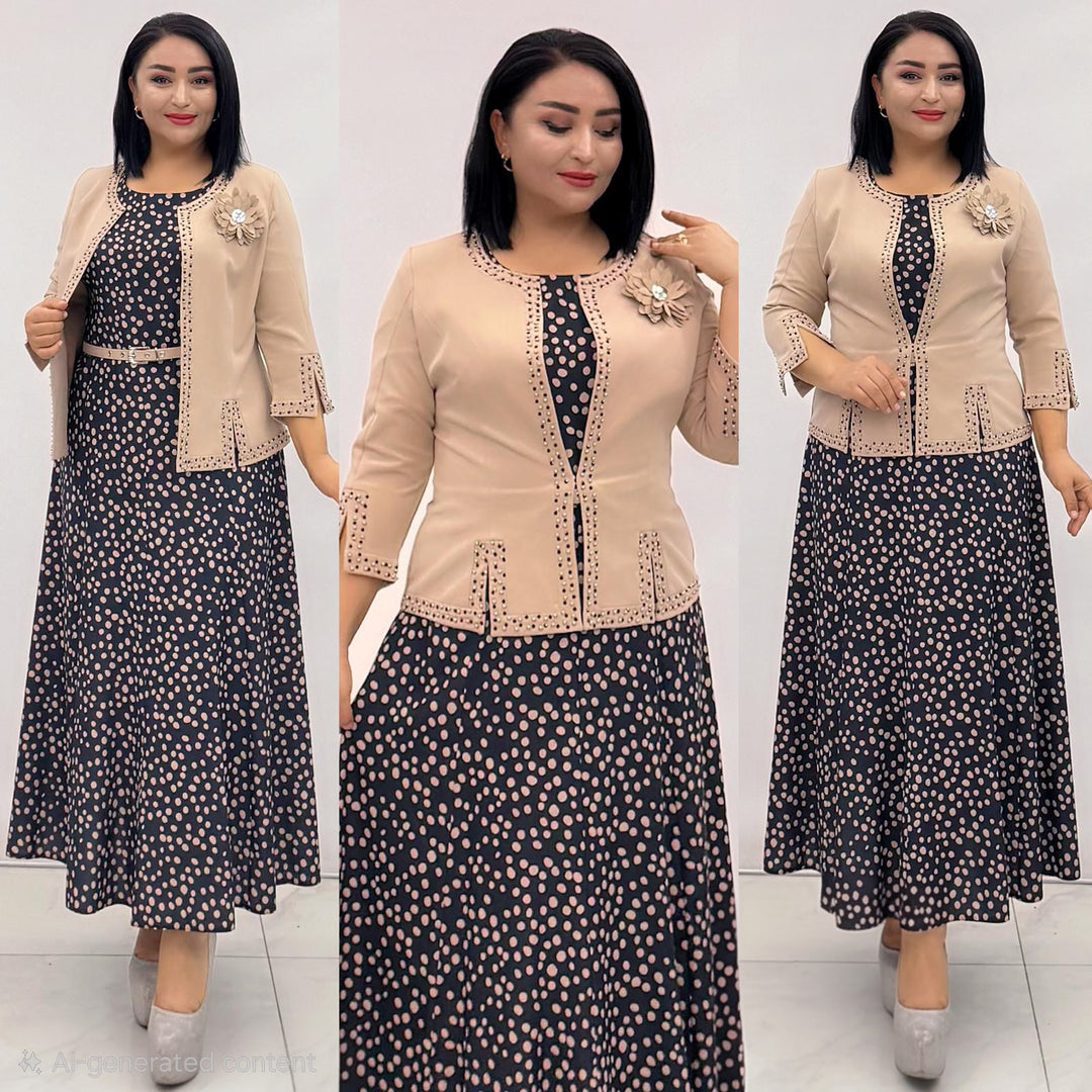 Navy Polka‑Dot Ankle‑Length Dress &amp; Beige Jacket