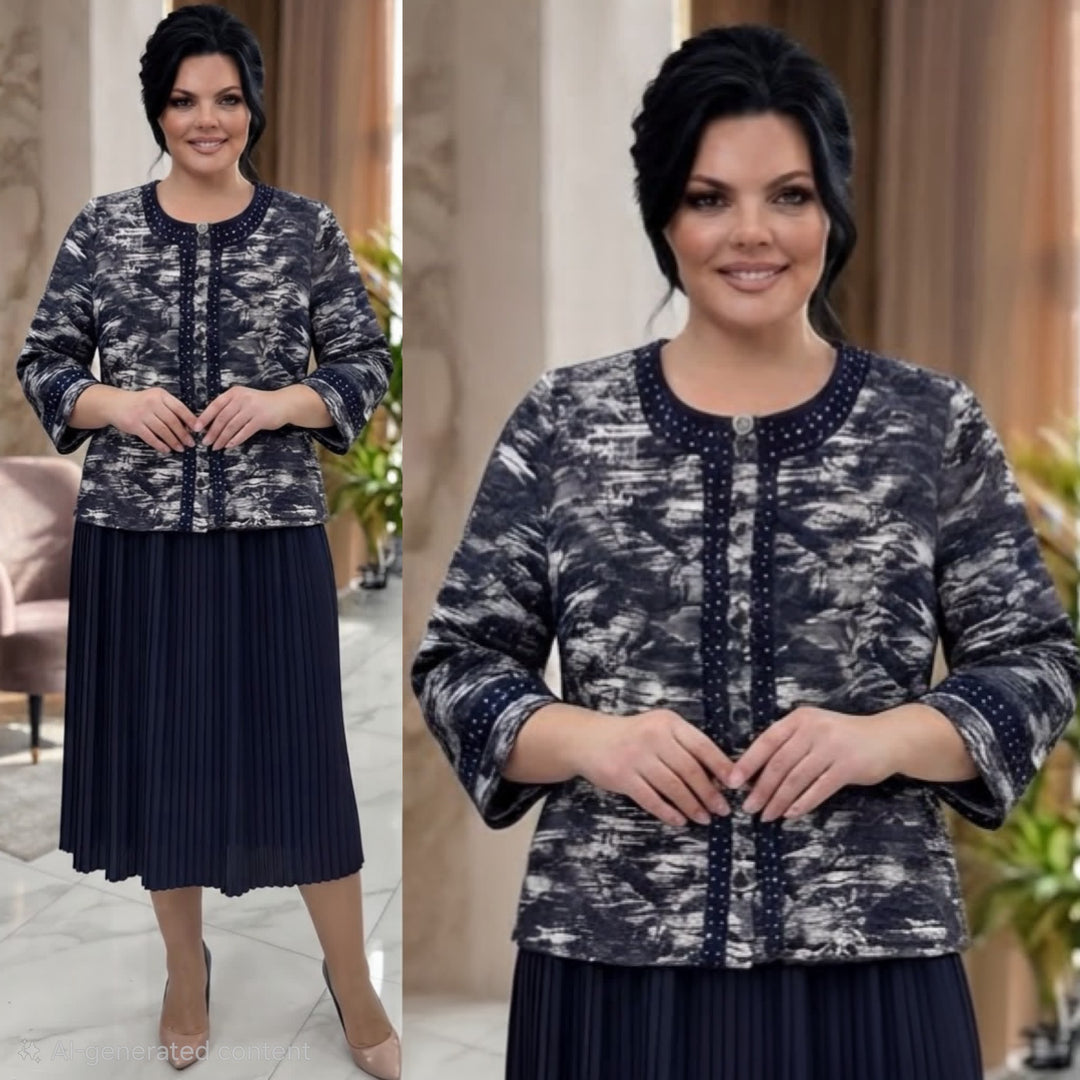 Navy Pleated Dress &amp; Patterned Jacket Set with Dot Trim
