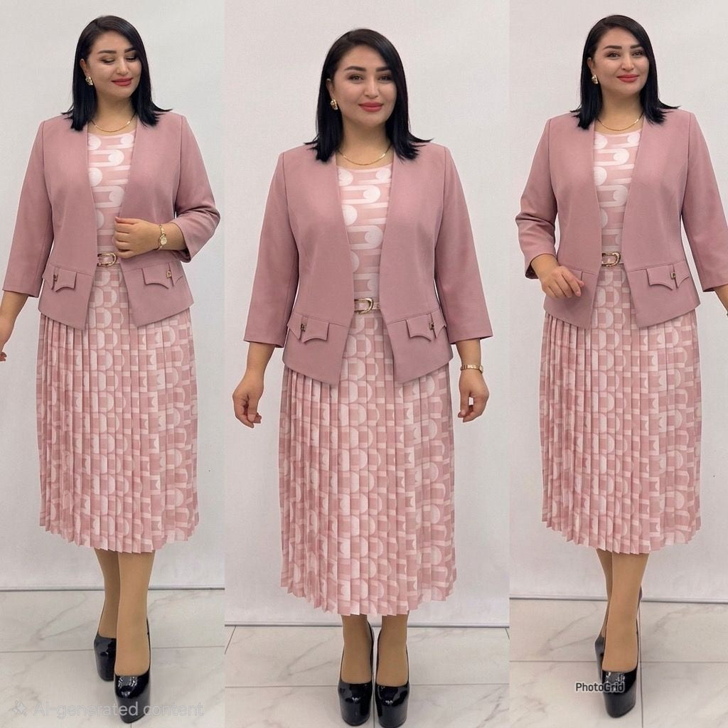 Light Pink Blazer &amp; Patterned Pleated Dress Set (Below‑Knee Length)