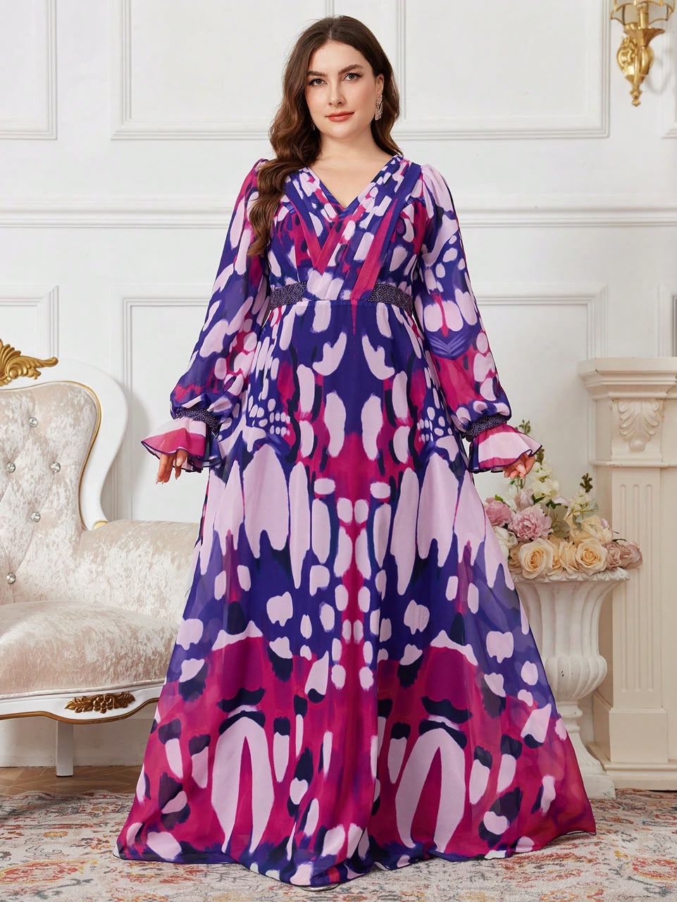 Purple &amp; Pink Printed Maxi Dress with Long Sheer Sleeves