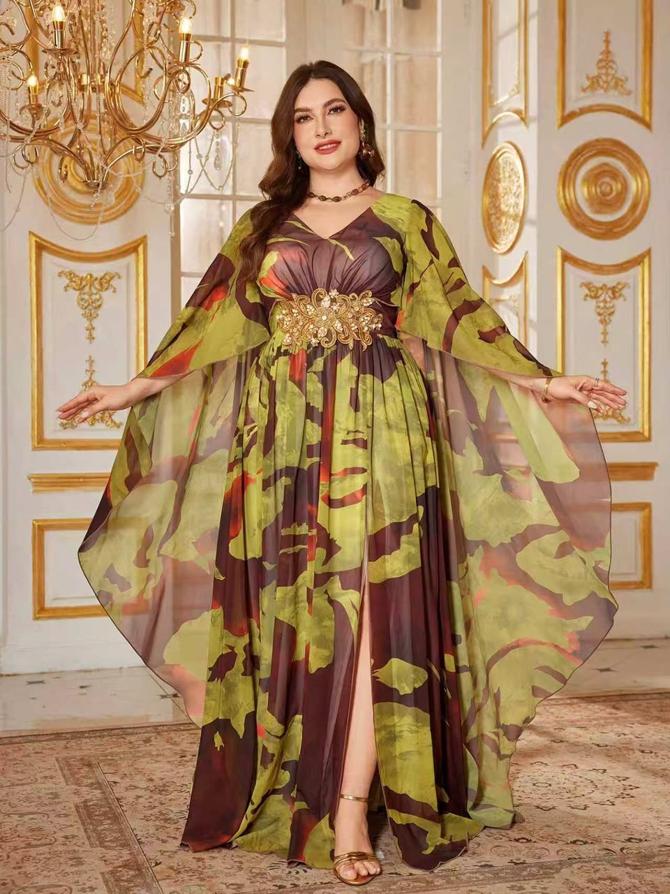 Olive &amp; Brown Floral Cape Sleeve Maxi Dress