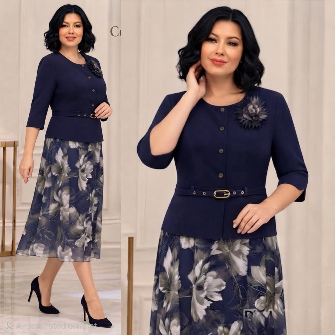 Navy Floral Midi Dress with Peplum Detail