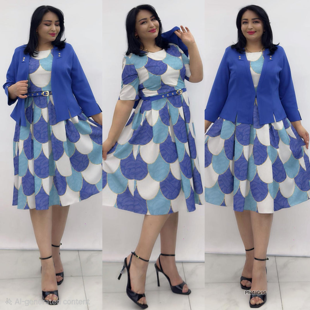 Royal Blue Box Pleated Midi Dress &amp; Jacket