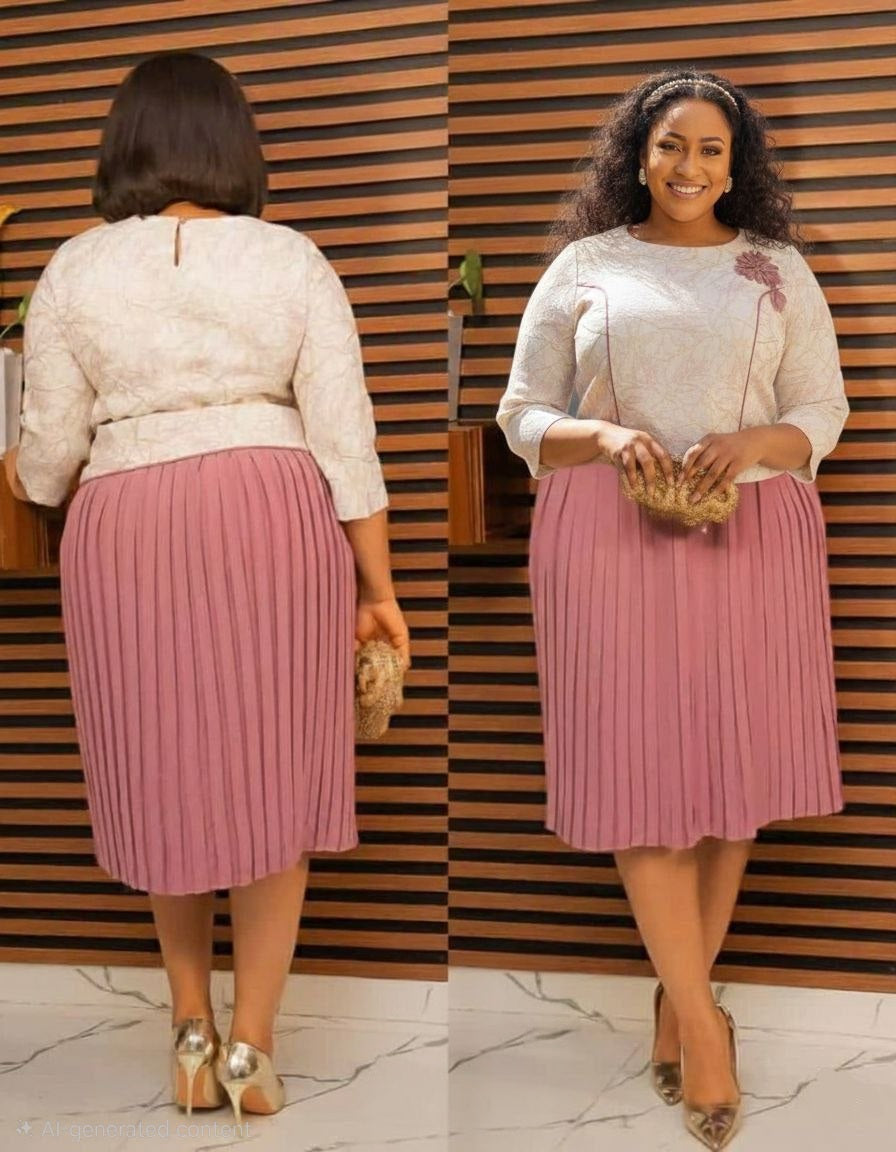 Pink Jacquard & Beige Pleated Dress