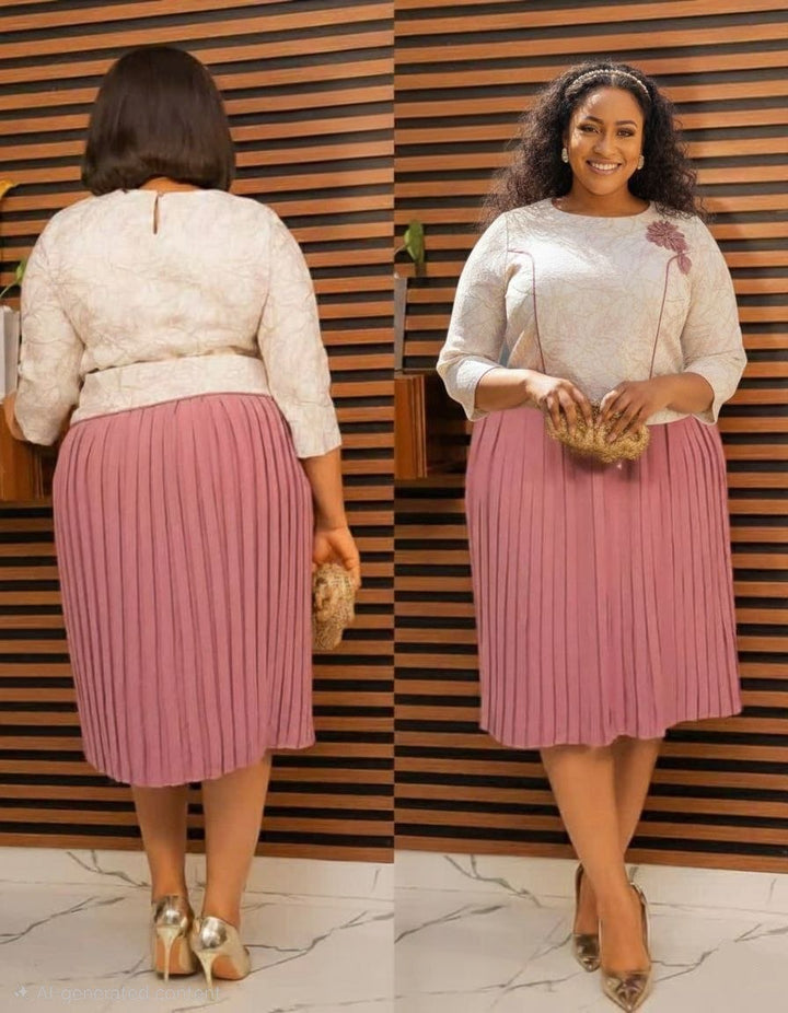 Pink Jacquard & Beige Pleated Dress