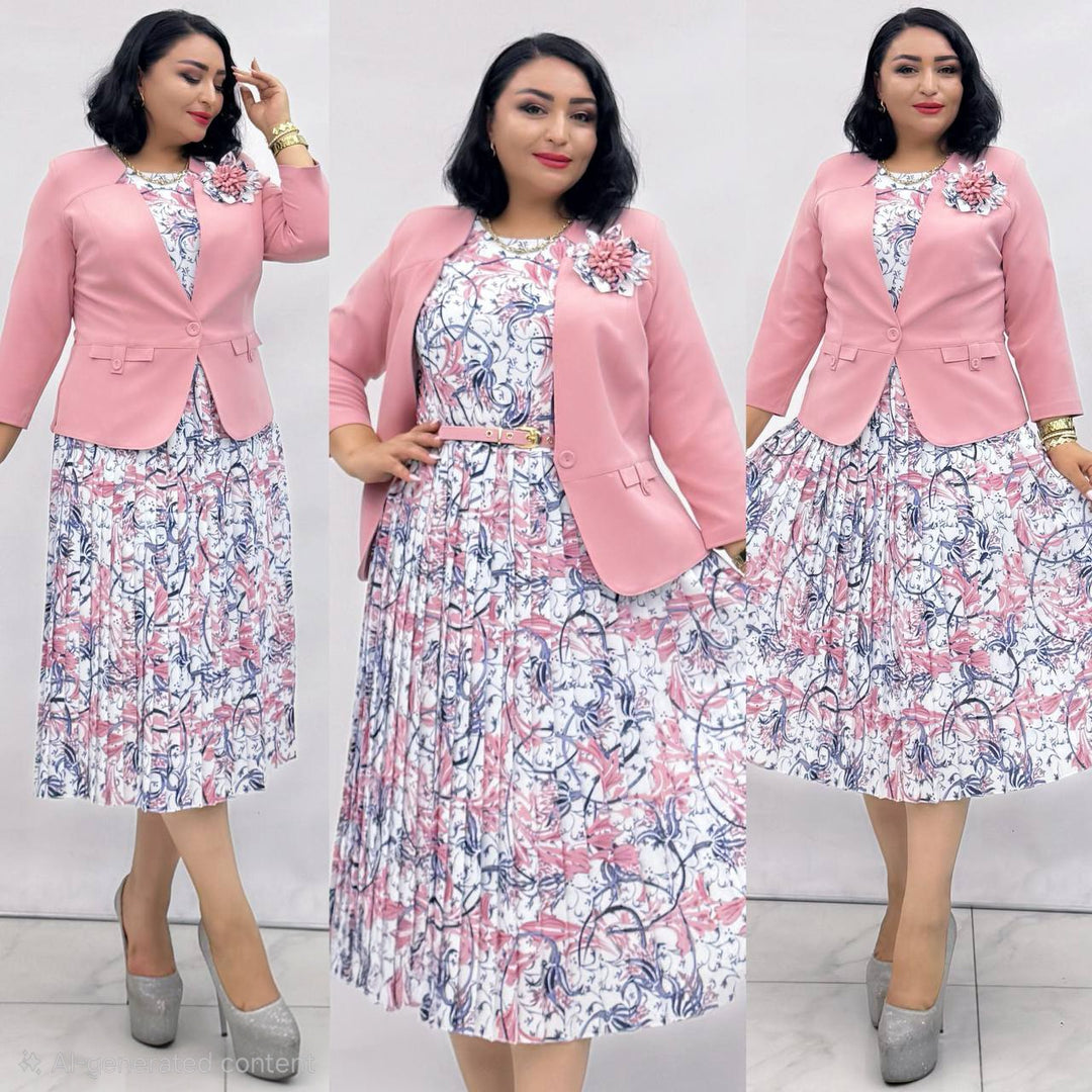 Pink Floral Pleated Midi Dress & Jacket Set