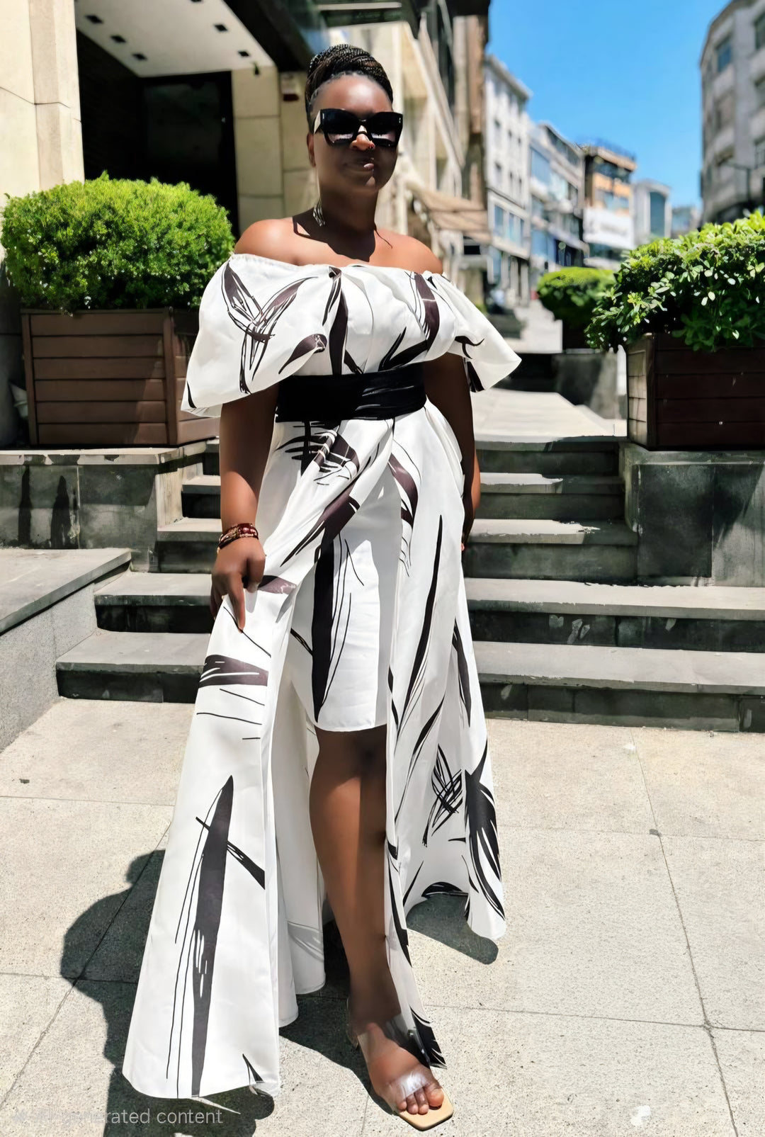 Black & White Off‑Shoulder Midi Dress with Maxi Overskirt