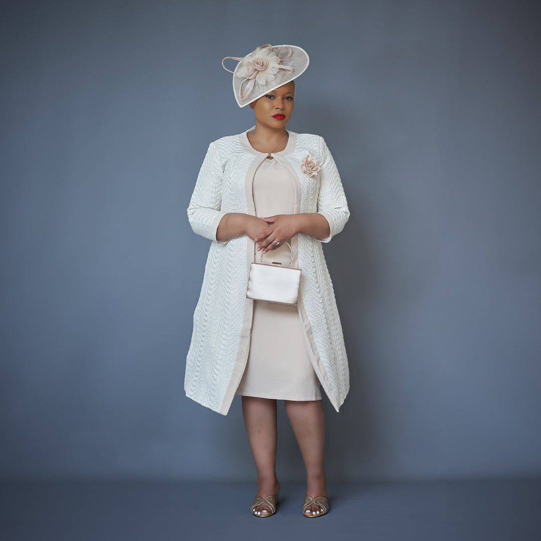 Light Beige Crepe Midi Dress with Cream Jacquard Jacket