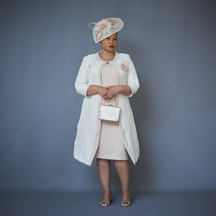 Light Beige Crepe Midi Dress with Cream Jacquard Jacket