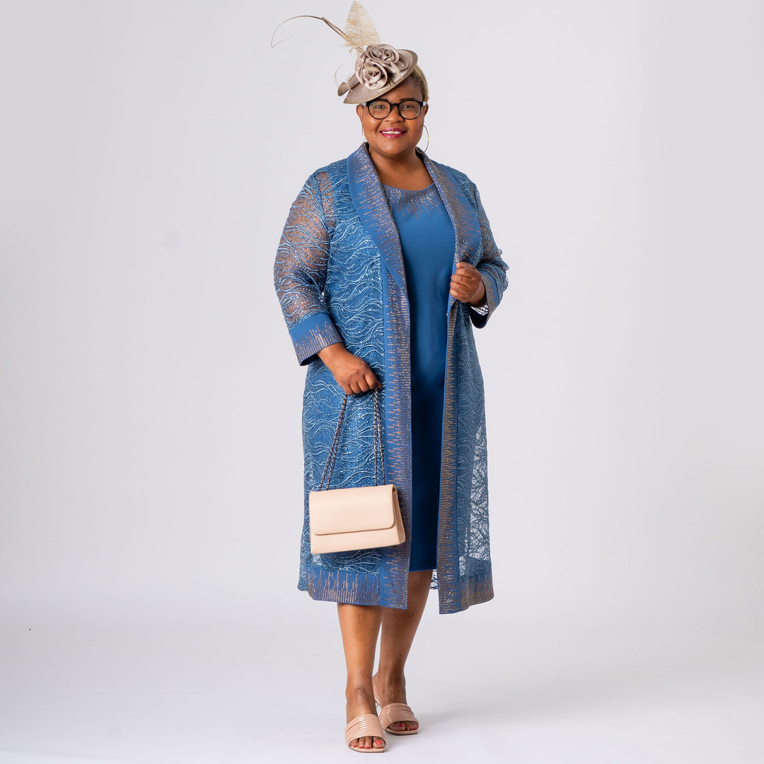 Light Blue Lace Mother of the Bride Dress Set with Sparkle Jacket