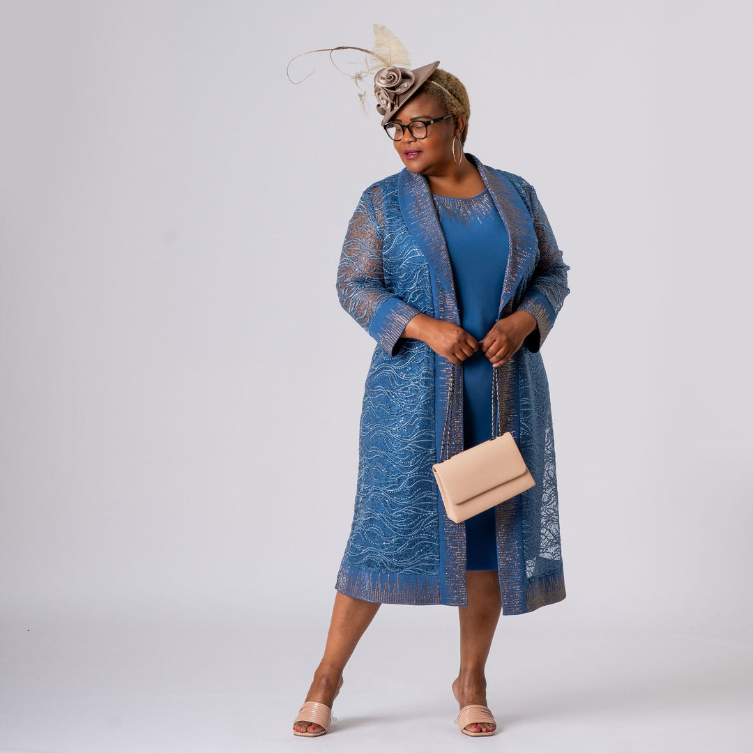 Light Blue Lace Mother of the Bride Dress Set with Sparkle Jacket