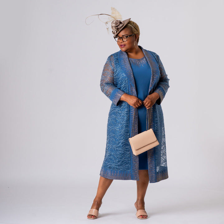 Light Blue Lace Mother of the Bride Dress Set with Sparkle Jacket