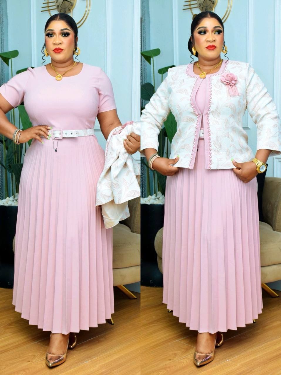 Light Pink Pleated Maxi Dress & Jacquard Jacket